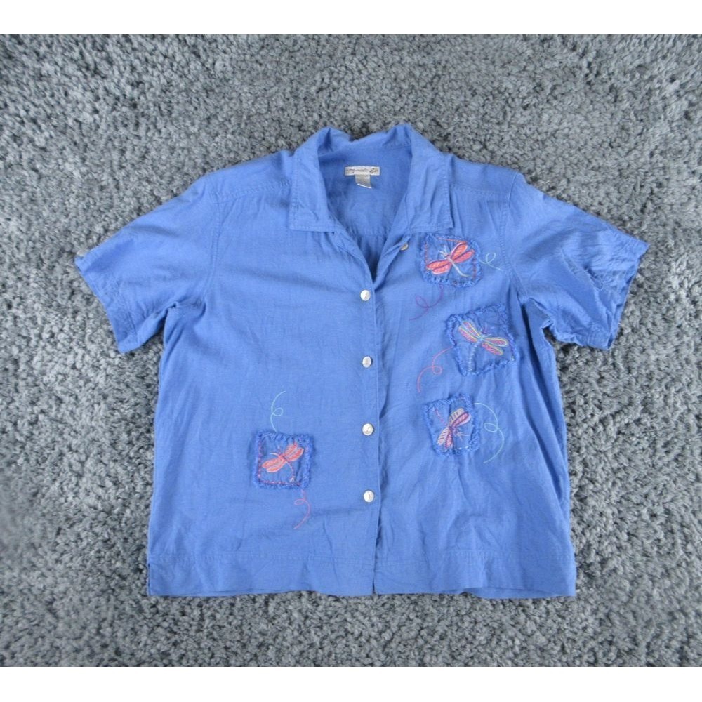 Mureli Shirt Womens Large Blue Linen Embroidered Dragonfly Short Sleeve